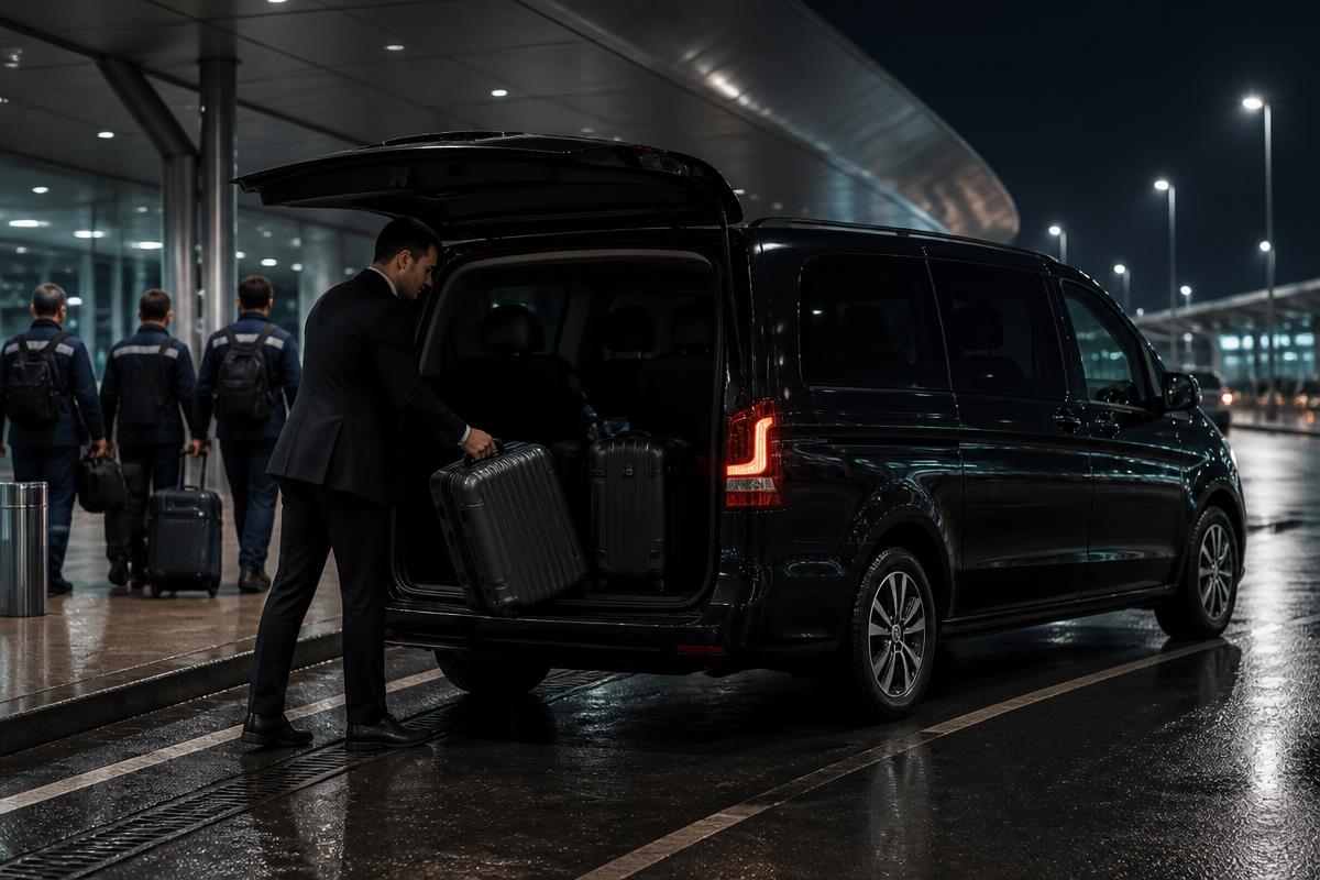 Driver loading offshore crew luggage into an executive minivan at an airport terminal